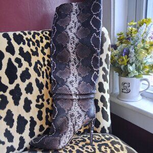 Leather Snake Print stiletto slouch knee-high boots. Size 9M/40 Never Worn